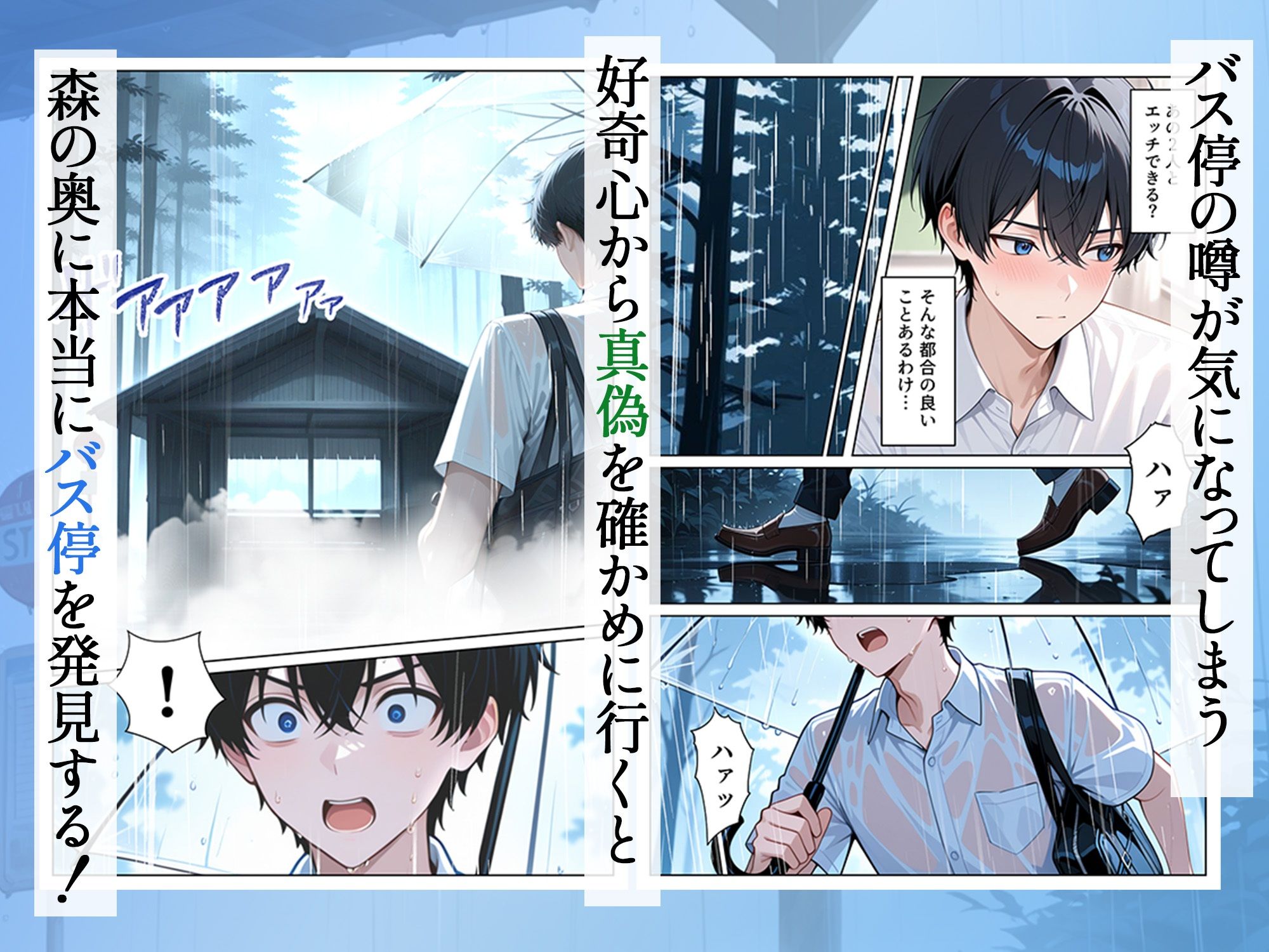雨宿りのバス停で学園美女と濡れ透けSEXした話【ぱにぱに】