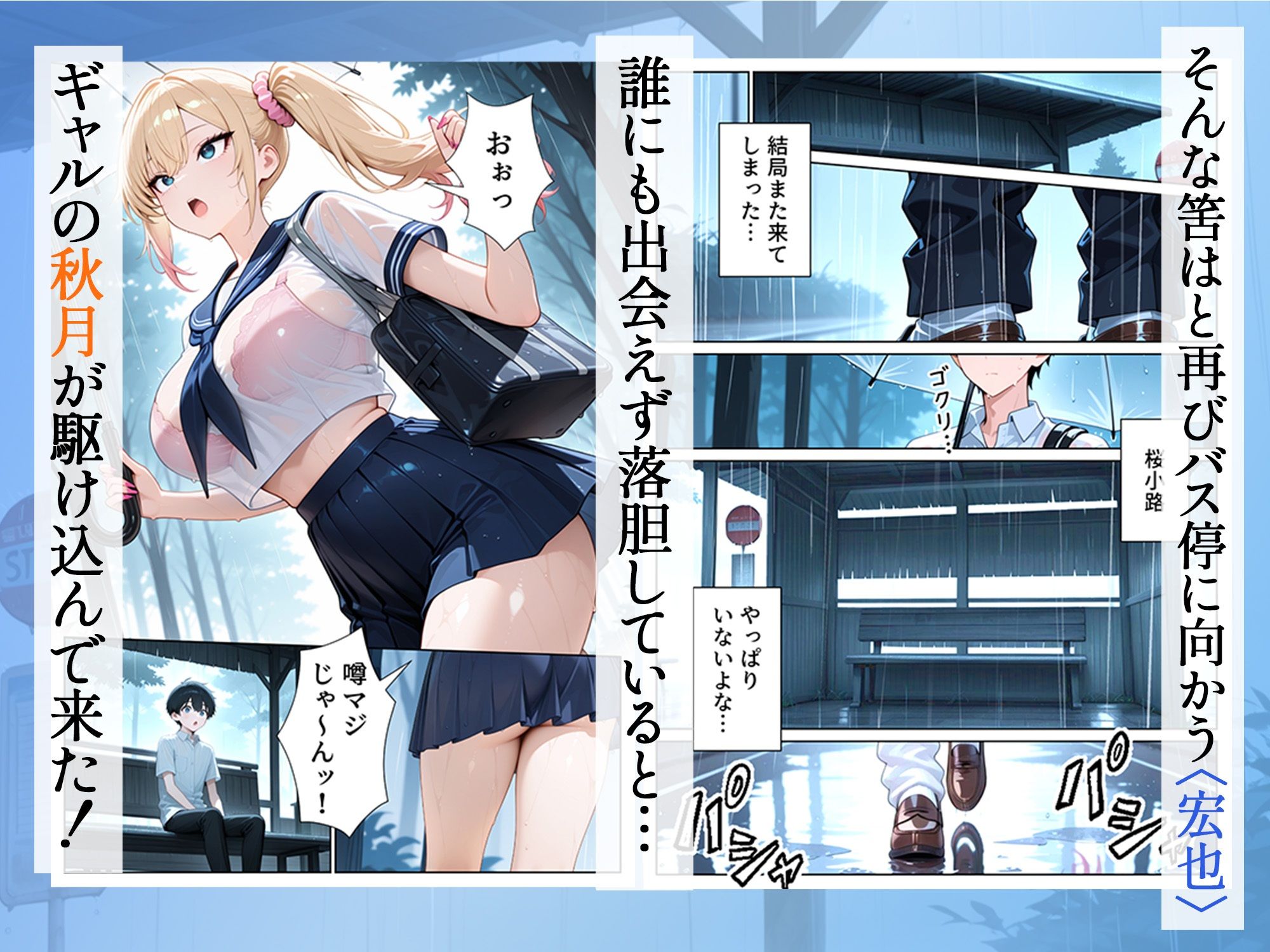雨宿りのバス停で学園美女と濡れ透けSEXした話【ぱにぱに】