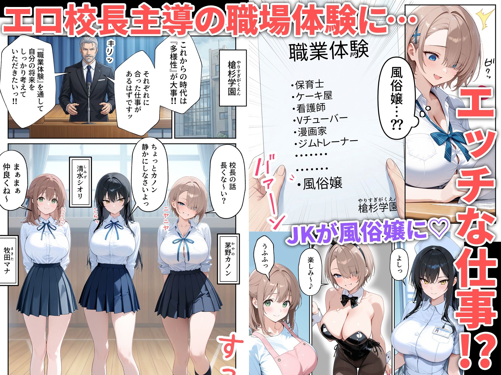 【無料エロ漫画】職場体験えっち 女子●生3人エッチな職場体験