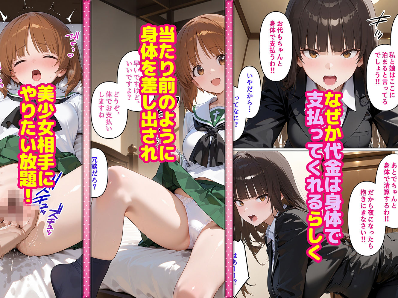【無料エロ漫画】二次元ヒロインたちが俺の部屋を民泊利用するのでお代を身体で支払ってもらう ガ〇パン編