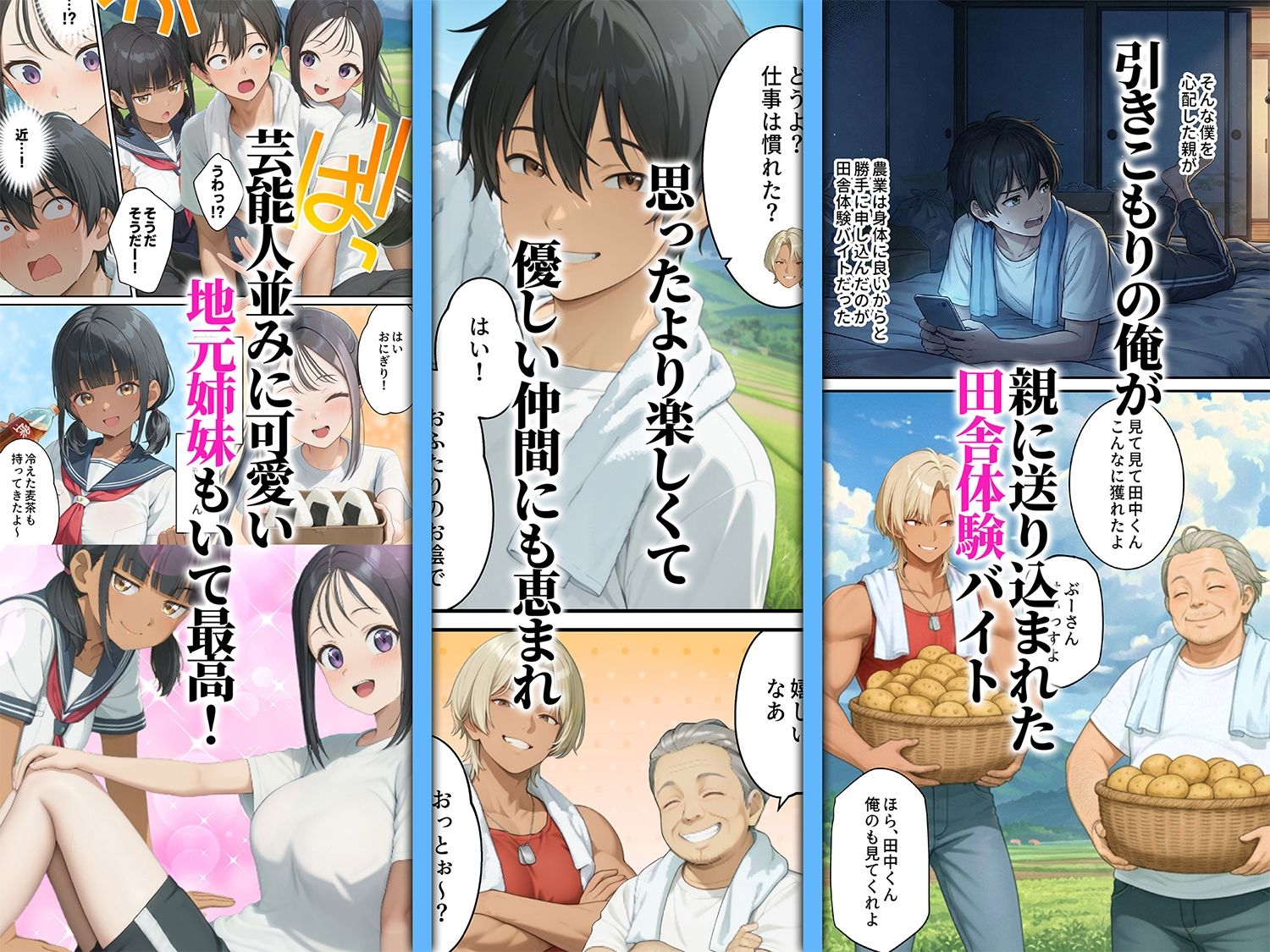 【無料エロ漫画】性に豊かな田舎体験はいかがですか？〜地元姉妹と5人でグループセックス〜