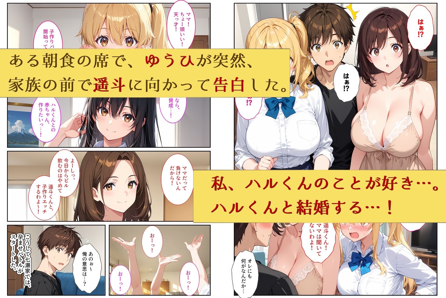 【無料エロ漫画】養子になったら爆乳義母と双子義妹に誘惑されて中出しセックスしています！〜孕ませバトル編〜